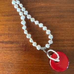Ladies Necklace with Red Glass Pendant
